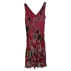 Vtg Y2K Velvet Burnout Floral Dress Size Small Red Burgundy Silk Boho Sleeveless